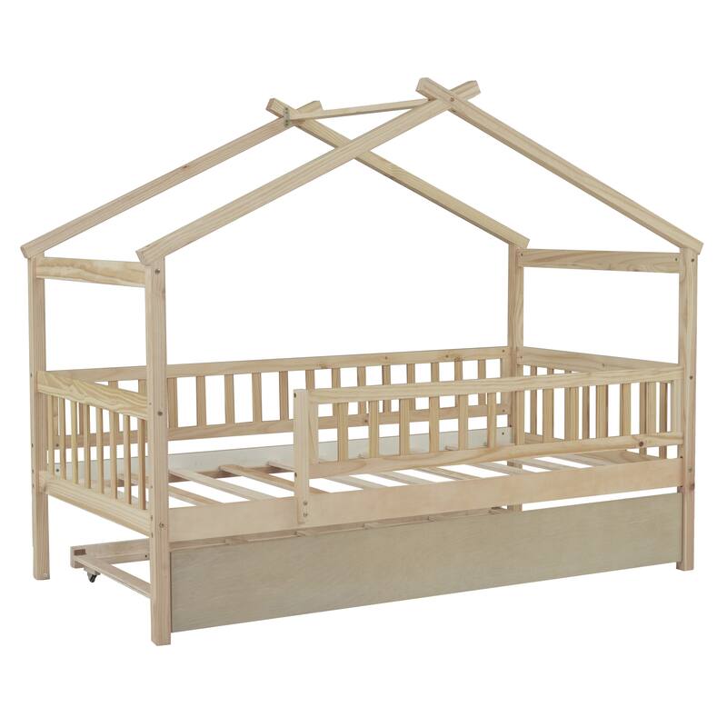 Montessori Bed House Bed with Trundle Bed and Headboard, Wood Daybed Platform Bed Frame No Box Spring Needed for Boys Girls