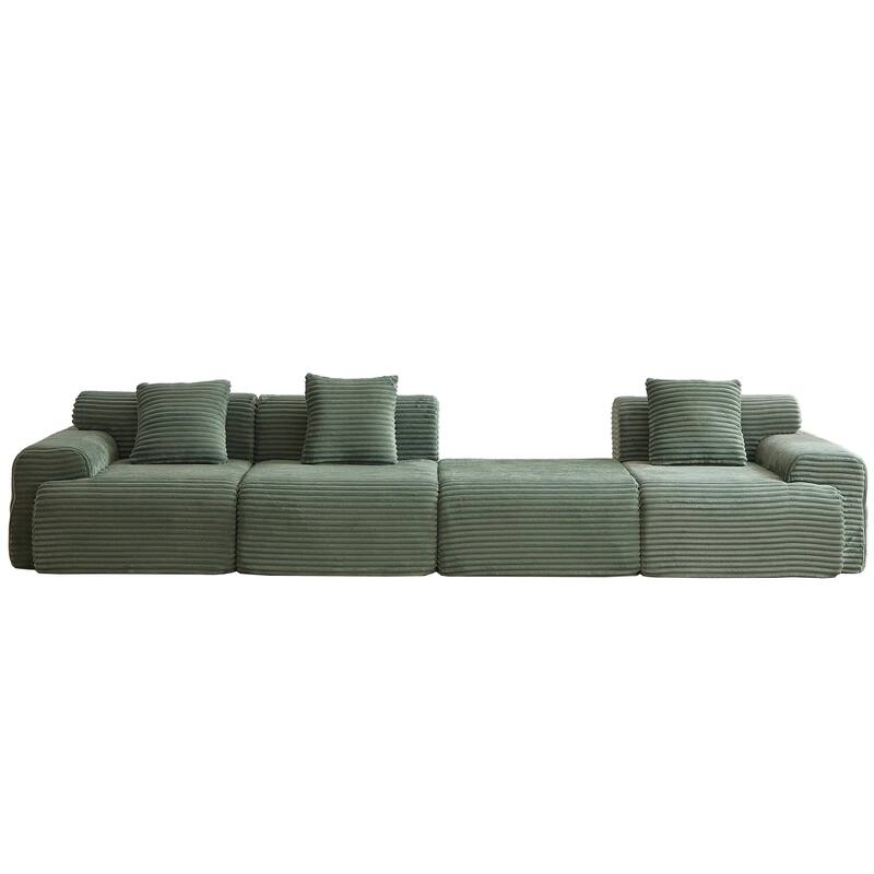L-Shaped Modular Sectional Sofa with Ottoman, Corduroy Upholstered Boneless Couch, Deep Seat Sofa with Throw Pillows