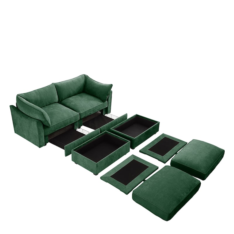 2-Seater Loveseat with 2 Movable Ottoman & Pull out Storage Drawer Under