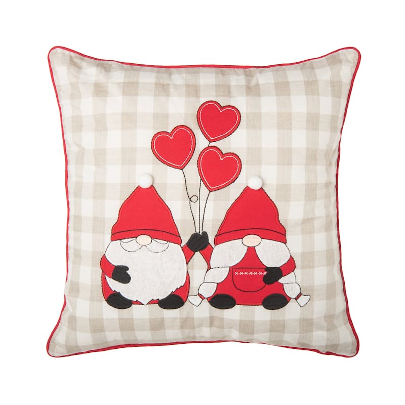 18" x 18" Valentine's Day Gnomes w/ Heart Balloons Embroidered Accent Throw Pillow