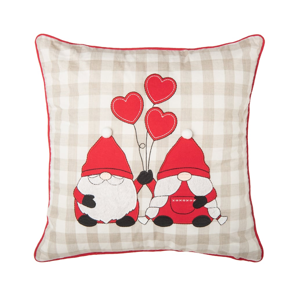 18" x 18" Valentine's Day Gnomes w/ Heart Balloons Embroidered Accent Throw Pillow
