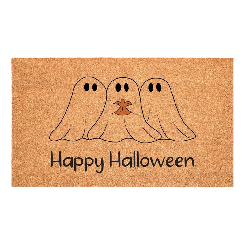 HomeRoots 17" X 29" Natural And Black Friendly Ghosts Happy Halloween Outdoor Coir Door Mat - 17.00' X '29.00