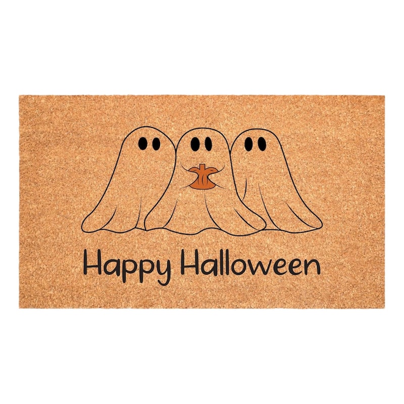 HomeRoots 24" X 36" Natural And Black Friendly Ghosts Happy Halloween Outdoor Coir Door Mat - 24.00' X '36.00