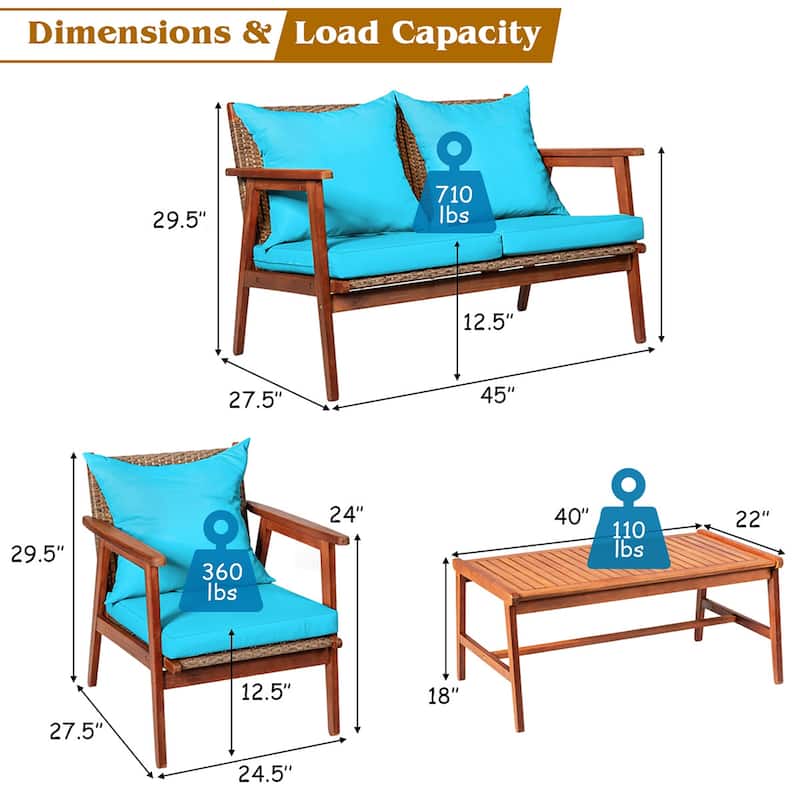 Costway 8PCS Patio Rattan Furniture Set Acacia Wood Frame Cushioned