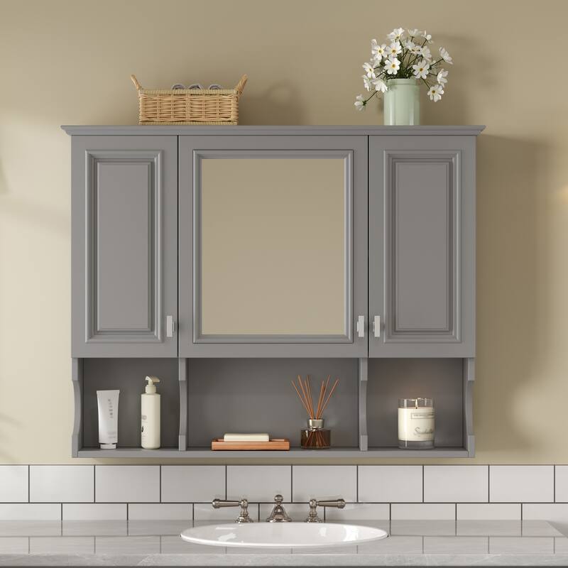 35'' x 28'' Wall Mounted Bathroom Cabinet, Modern Bathroom Wall Cabinet with Mirror and Open Shelves