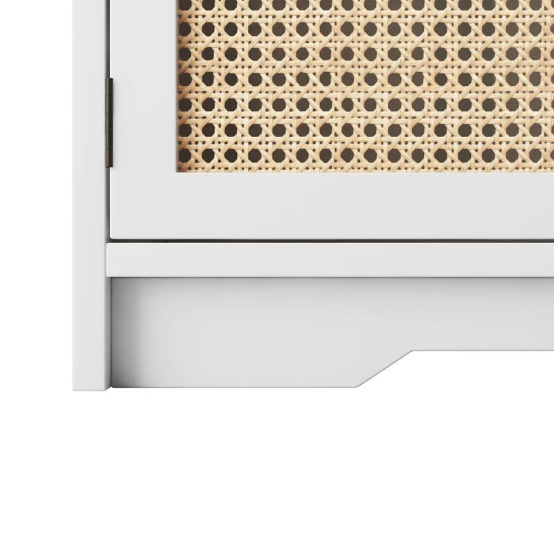 Upholstered Storage Bench with Cabinet Rattan Style Wood Cabinet