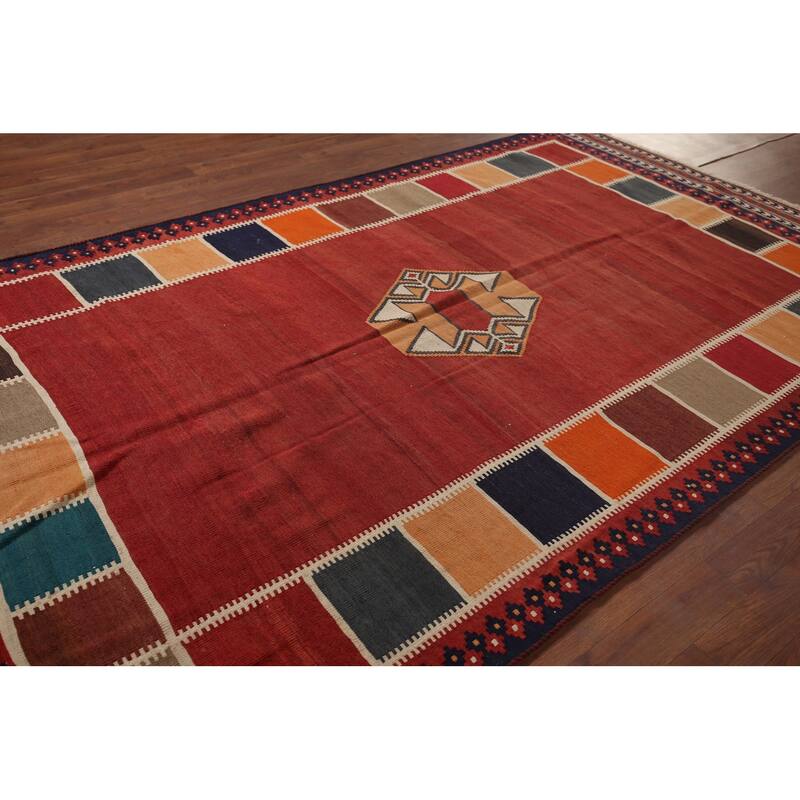 Vegetable Dye Kilim Qashqai Persian Vintage Flatweave Red Wool Carpet - 4'11"x 8'7"