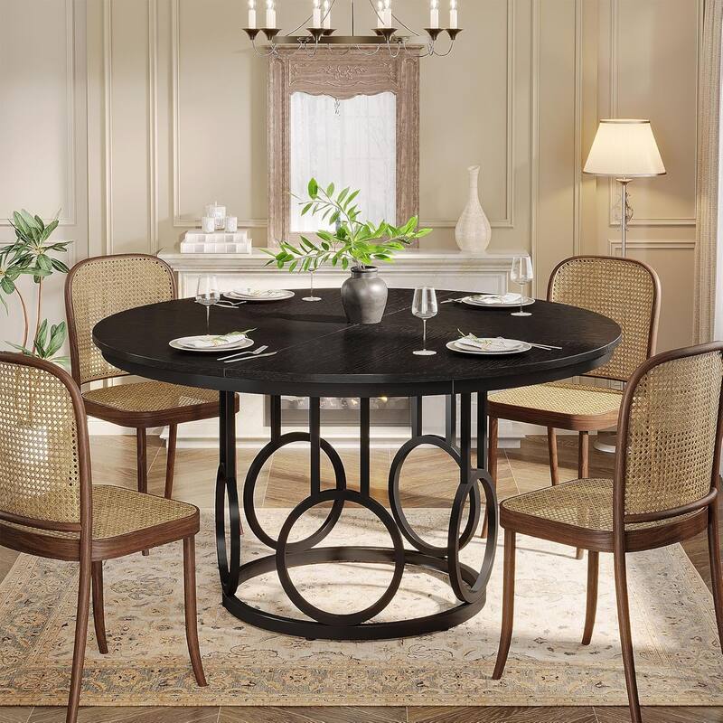 47-Inch Round Dining Table, Wood Kitchen Table with Sturdy Metal Base for 4-6 People