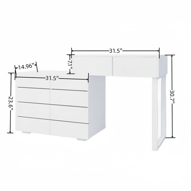 Extended Desktop 10 Drawers Chest without Handle White Color Vanity