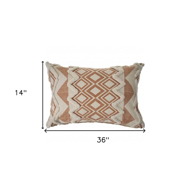 HomeRoots 14" X 36" Orange And Cream 100% Cotton Geometric Zippered Pillow