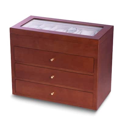 Curata Matte Cherry Finish Glass Lid 3-Drawer Velour Lined Wooden 48-Watch Box