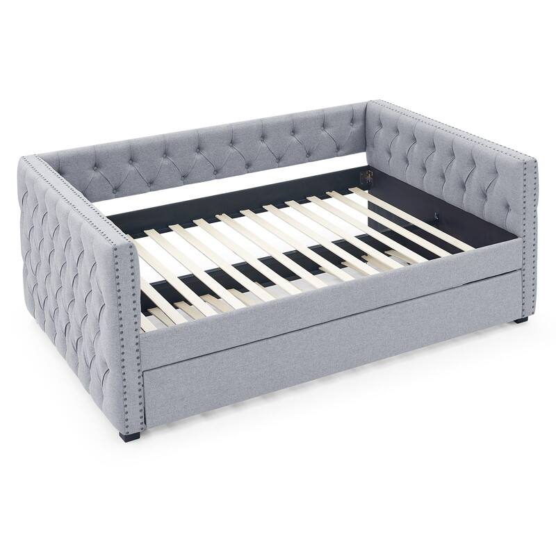 Daybed with Trundle Upholstered Tufted Sofa Bed with Button and Copper Nail on Square Arms