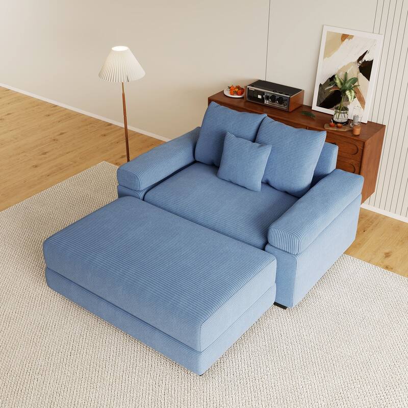 Rossetta Modern 54.3" Oversized Soft Cloud Corduroy Upholstery Extra-Thick Armrests Couch with Throw Pillows, 1 Movable Ottoman