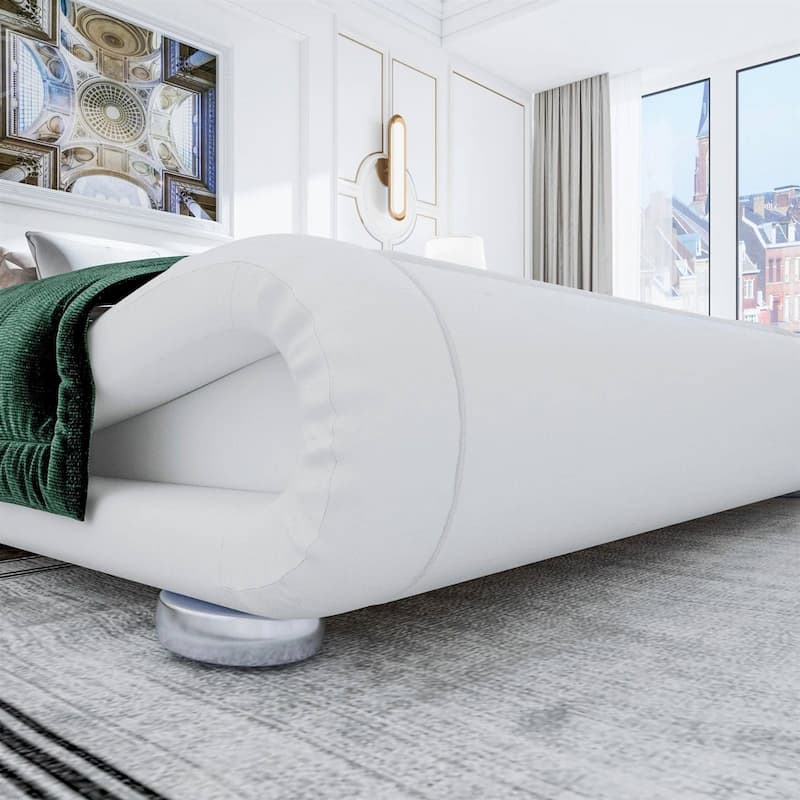 Upholstered White Platform Bed Frame with Curved Headboard and PU Leather