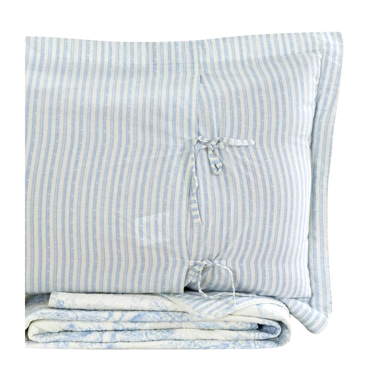 Toile and Bamboo Stripes Reversible Cotton Quilt Set
