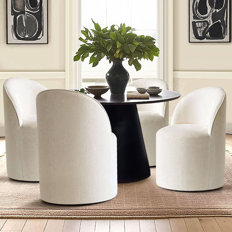 Chenille Rolling Upholstered Dining Chair with Wheels (Set of 4) - Beige