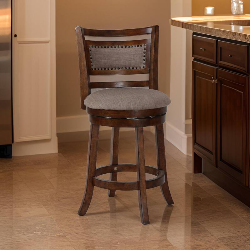 Curved Swivel Counter Stool with Fabric Padded Seating, Brown and Beige