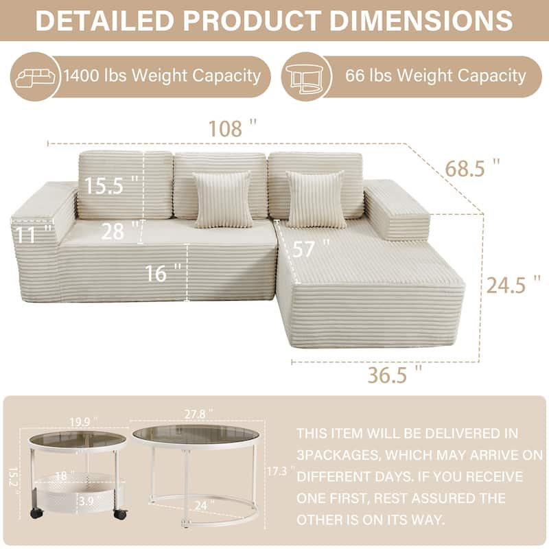 Meyreso No Assembly Required Long Plush L-Shaped Sectional Sofa with Round Nesting Coffee Tables