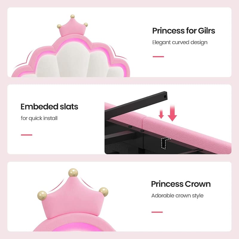 Bed Frame LED Lights Girls Bed Princess Crown Velvet Upholstered Platform Bed