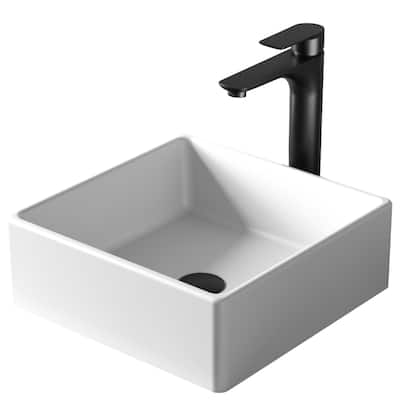 Karran Quattro Matte White Acrylic 15 in. Square Bathroom Vessel Sink with Faucet and drain in Matte Black