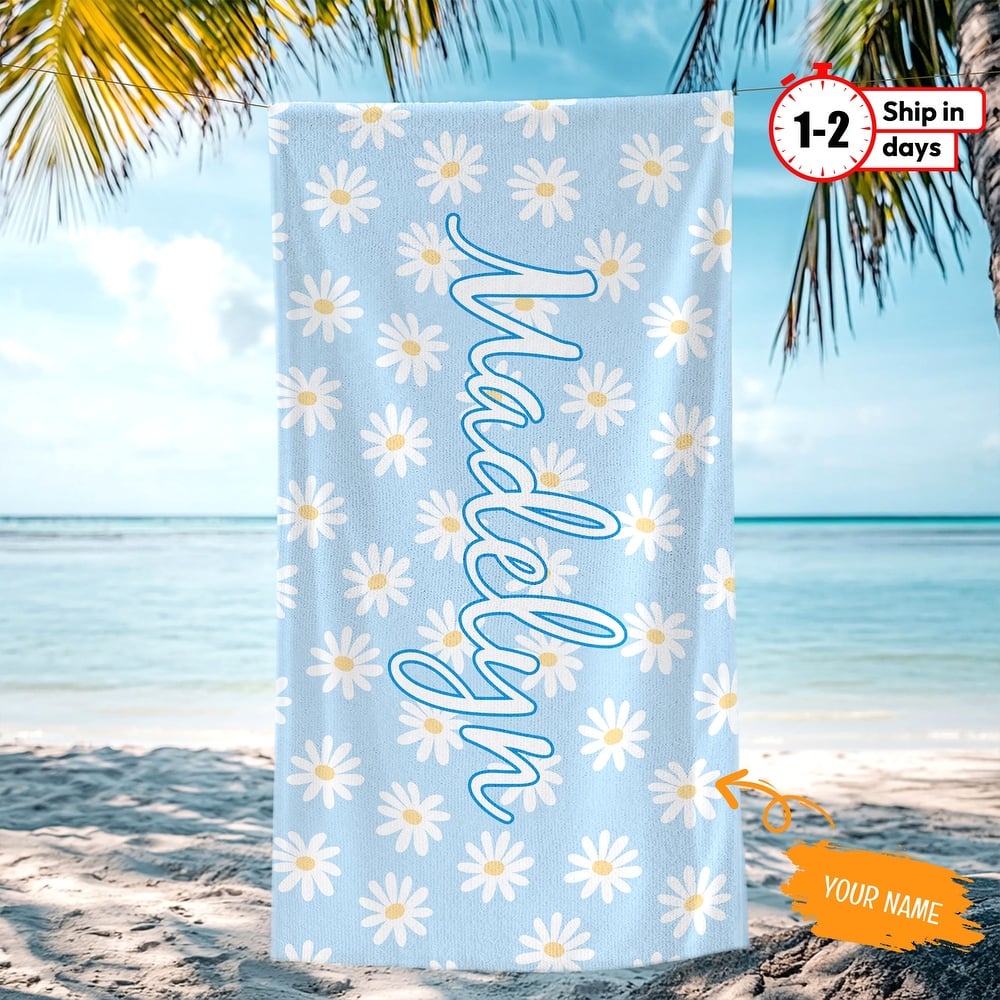 Personalized Beach Towel, Custom Daisy Beach Towel with Name