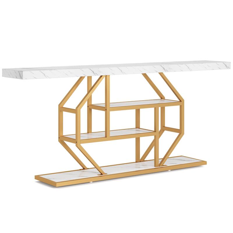 70.9" Extra Long Console Table, Modern Gold Sofa Table Behind Couch with 4-Tier Storage, Faux Marble White Entryway Accent Table