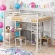 preview thumbnail 10 of 16, Full Size Metal Loft Bed with Desk and Stool, Wood Kids Bed Frame with Open Wardrobe, Shelves and Cabinet for Bedroom, Black White