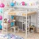 preview thumbnail 1 of 7, Full Size Metal Loft Bed with Desk and Stool, Wood Kids Bed Frame with Open Wardrobe, Shelves and Cabinet for Bedroom, White White