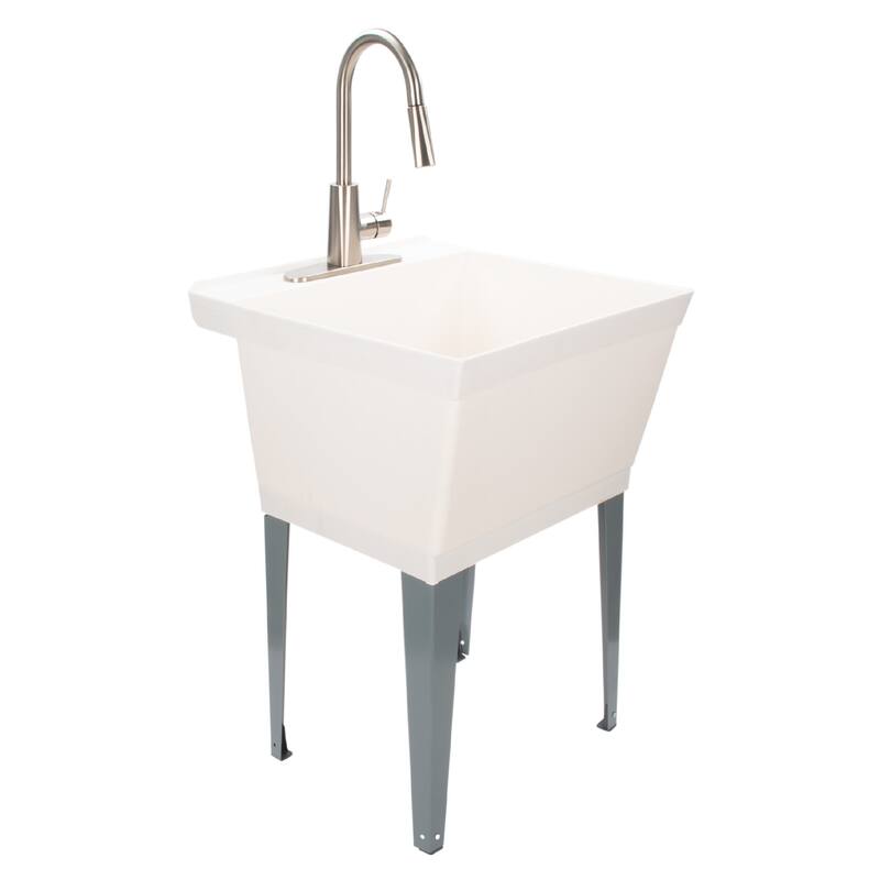 TEHILA Utility Sink Laundry Tub with Stainless Finish High Arc Faucet - N/A - White