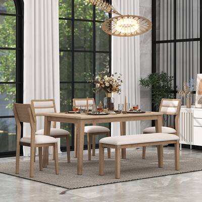 6-Piece Dining Set with 4 Upholstered Chairs & Bench, Natural Wood