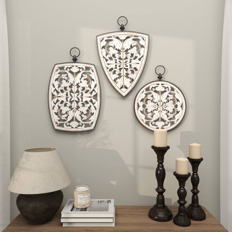 Wooden Floral Carved Design Home Wall Decor with Ring Hanger - Set of 3 White - Roche River Decor