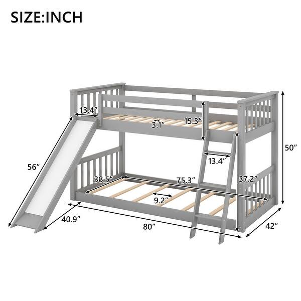 dimension image slide 1 of 2, Twin over Twin Low Bunk Bed with Convertible Slide and Reversible Ladder, Grey - Space-Saving and Sturdy Wood Frame