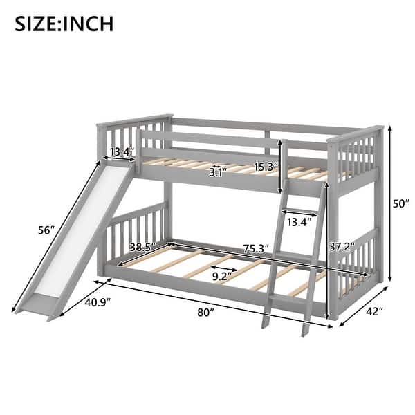 dimension image slide 1 of 4, Wooden Low Bunkbeds Frame, Kids Bunk Bed w/Convertible Slide & Ladder