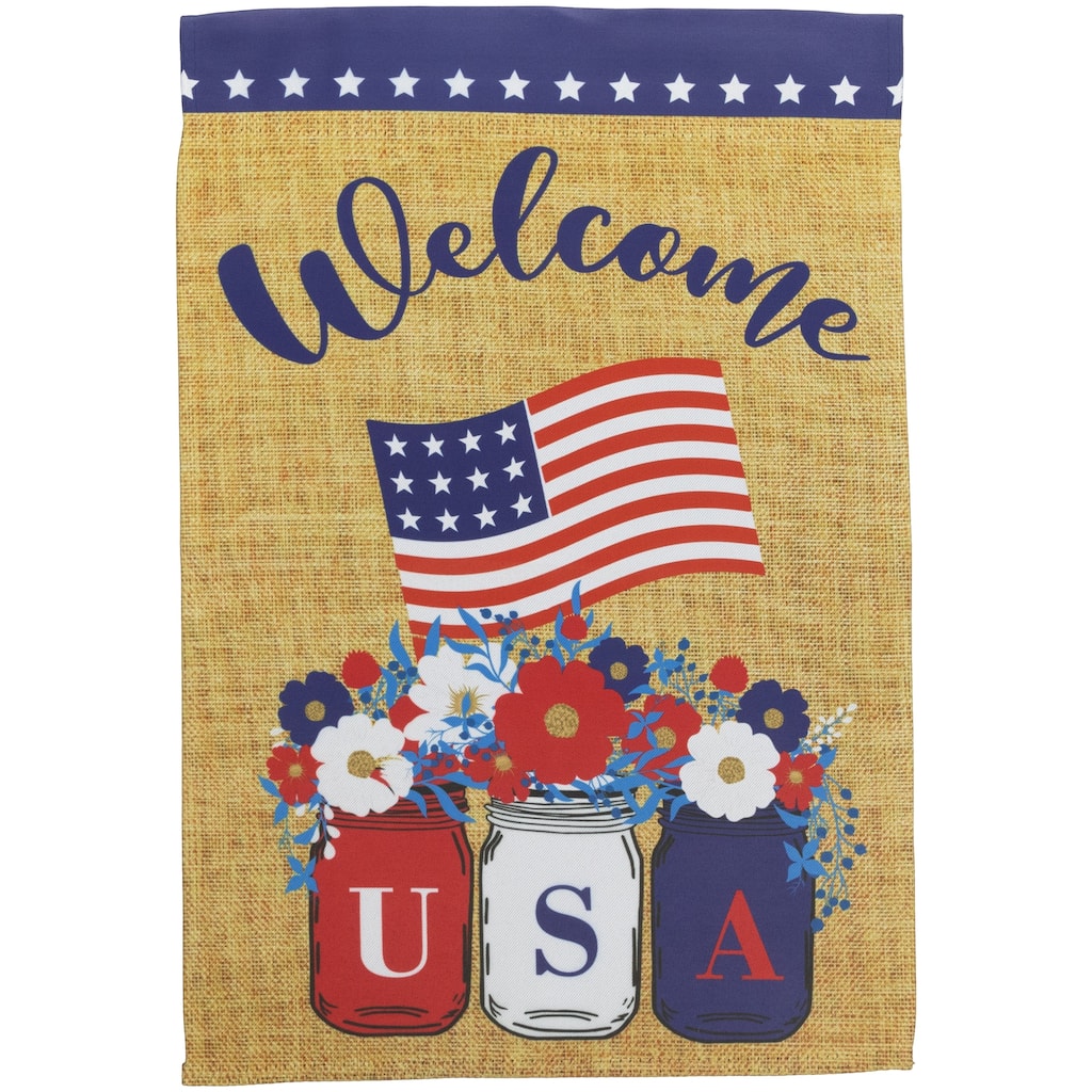 Floral Mason Jars "Welcome" Usa Flag Patriotic Garden Flag 18" x 12.5"