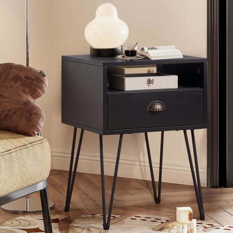 Modern Mid Century 1-Drawer Hairpin Nightstand - Black