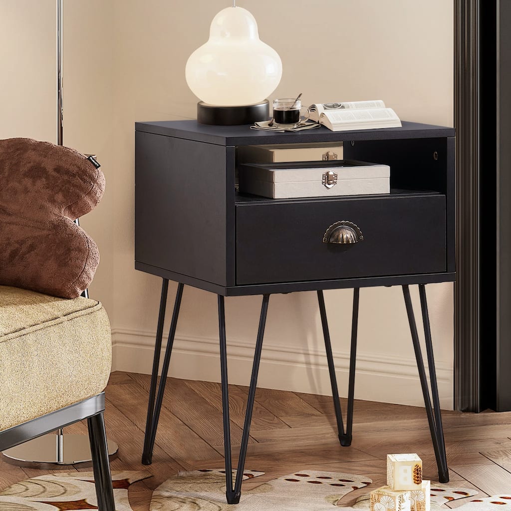 Modern Mid Century 1-Drawer Hairpin Nightstand