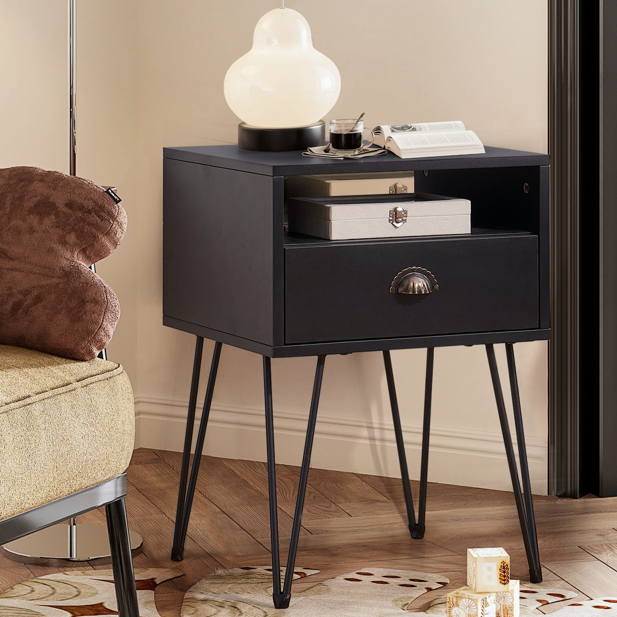 VECELO Brown and Black Nightstand with Drawer, 15.7" Compact Bedside Table with Open Shelf Sturdy Metal Legs for Bedroom
