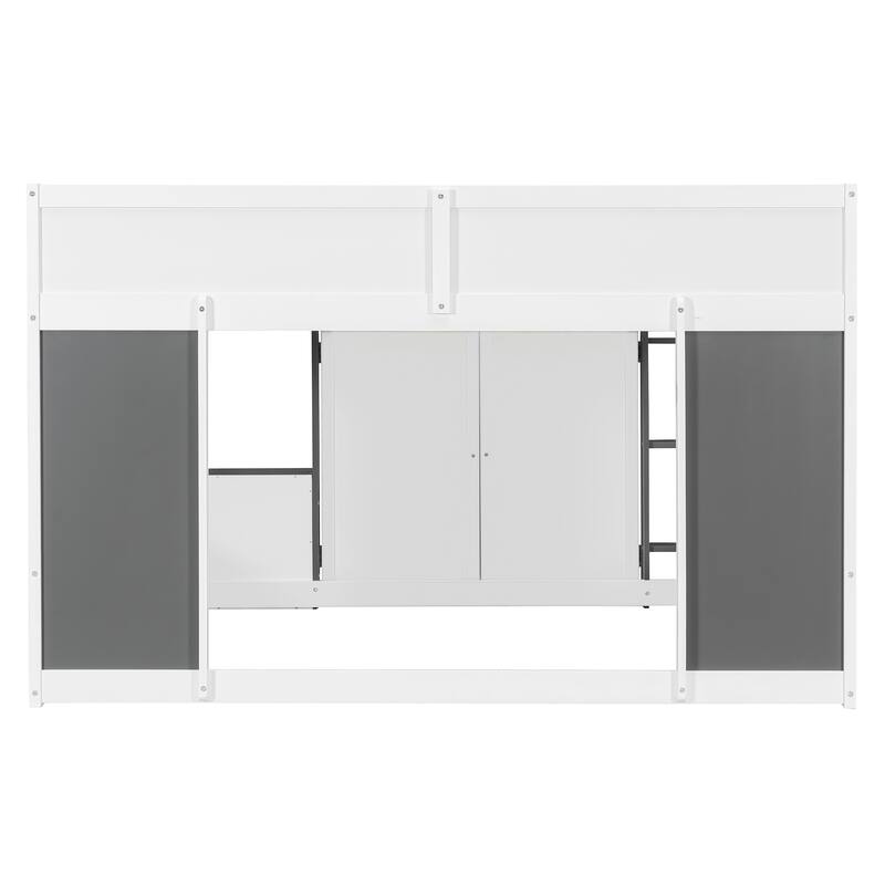 Full Size House Loft Bed Kids Playhouse Bed with Cabinets Secure Ladder Guardrails Cottage Style Canopy, Wooden House Bunk Bed