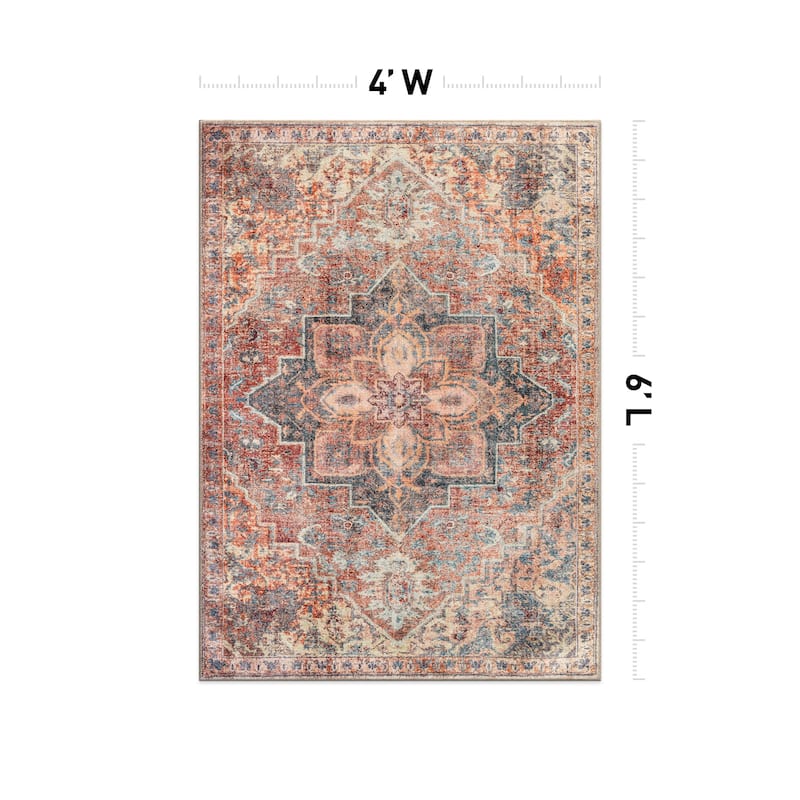 Beige Floral Medallion Washable Rug - Low Pile, Non-Slip
