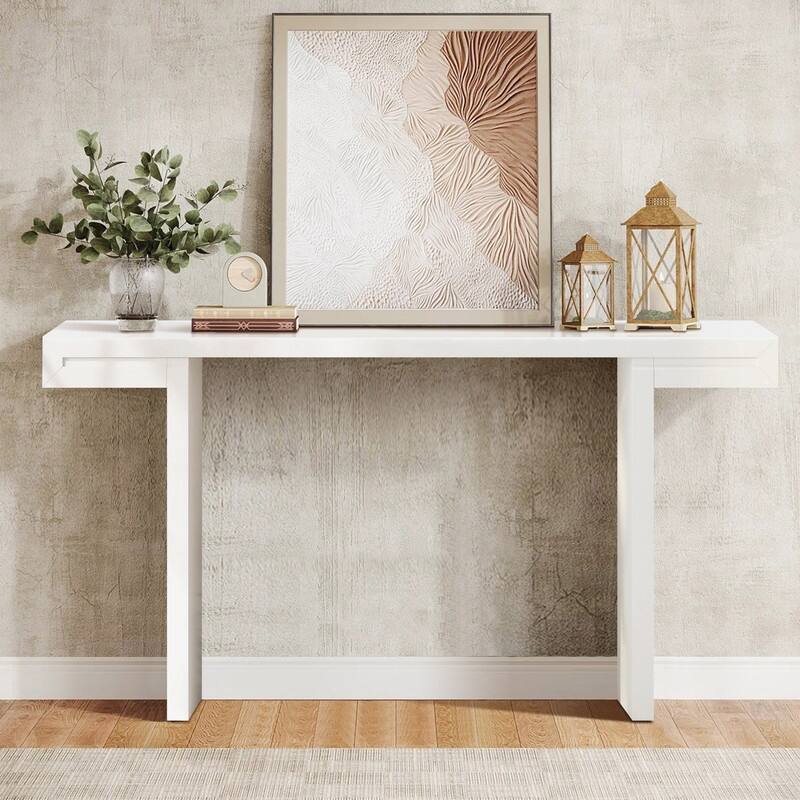 U-Style Large Console Table, Stylish Entryway Table with Geometric Design and Adjustable Feet - White
