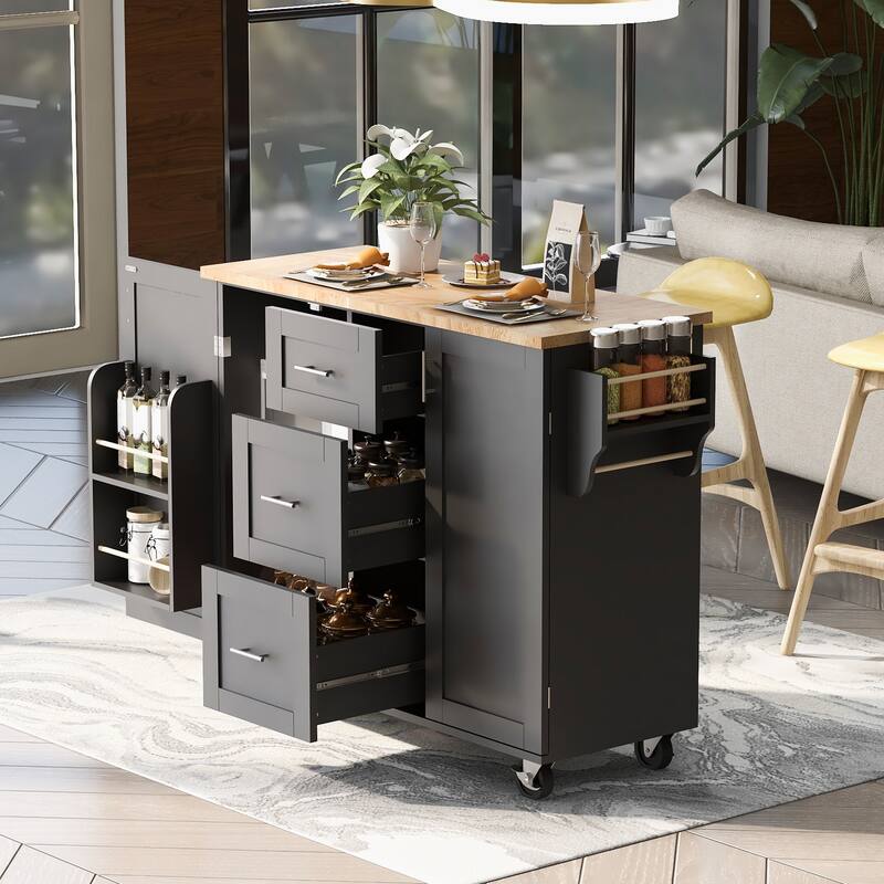 Kitchen Island with 2 Slide-Out Shelf and Internal Storage Rack - Black