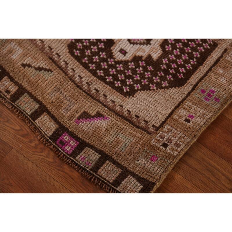 Hand Knotted Oriental 100% Wool Carpet Transitional Tribal Brown Anatolian Area Rug - 3' 0'' X 1' 10''