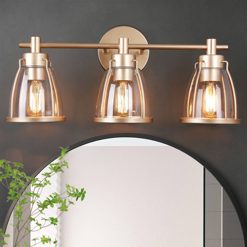 Modern Glam Gold 3-Light Bathroom Vanity Light Bowl Glass Wall Sconces - L 22" x W 7" x H 10"
