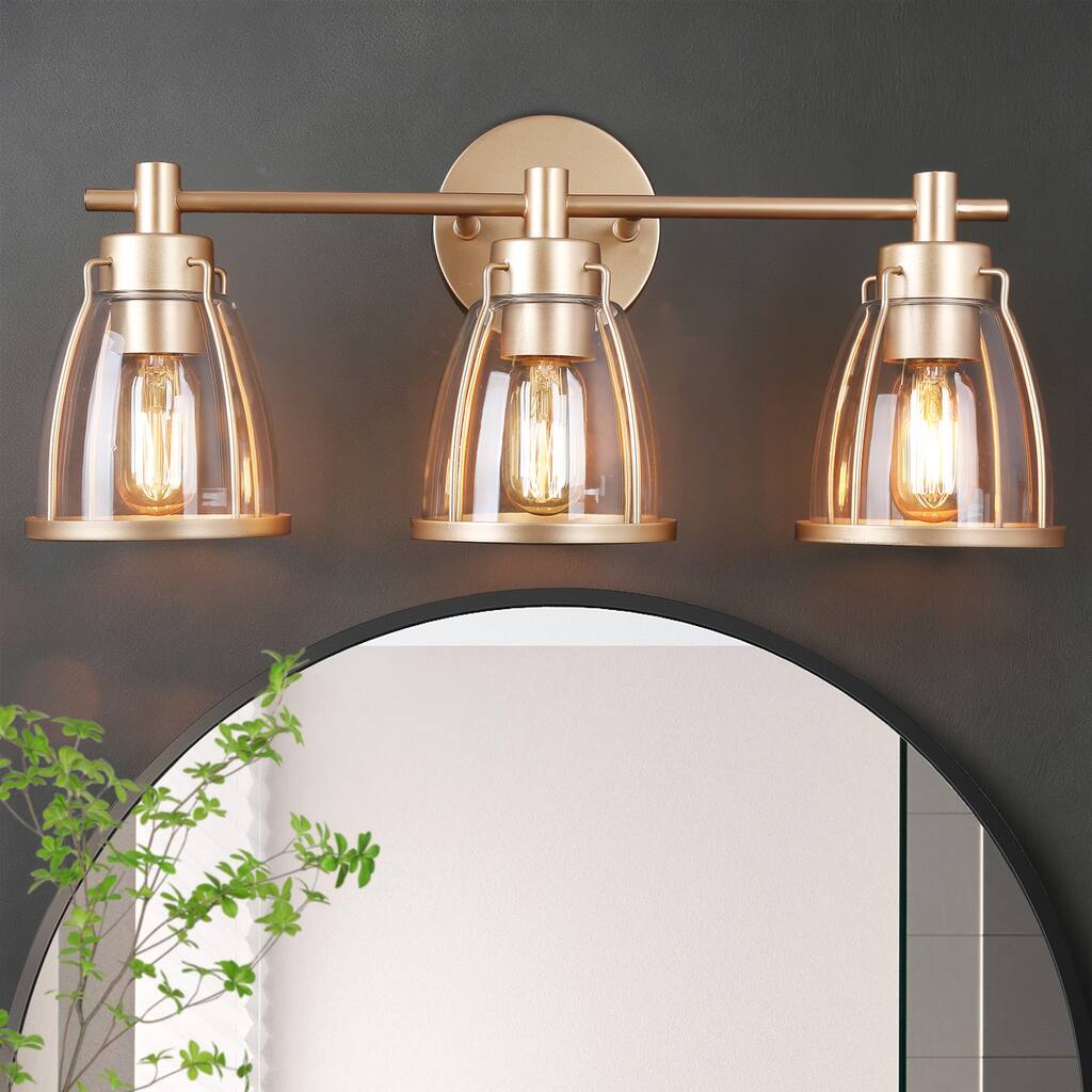 Modern Glam Gold 3-Light Bathroom Vanity Light Bowl Glass Wall Sconces - L 22" x W 7" x H 10"