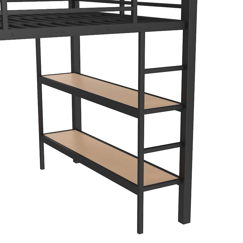 Metal Bed Frame Queen Size Loft Bed with Open Wardrobe, Hanging Rod, Storage Shelves, Pegboard and Bottom Drawers