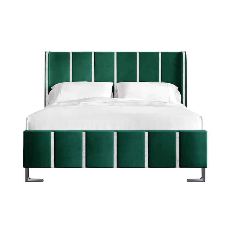 CraftPorch Luxurious Crystal Diamond Strip Velvet Upholstered Bed - Green - King