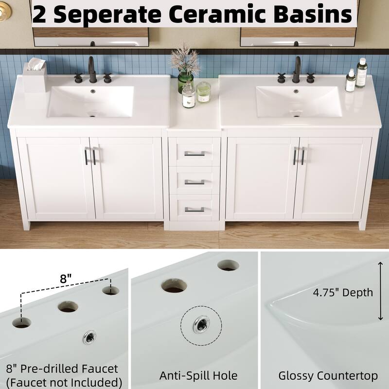 Roomfitters 84" Double-Sink Vanity, Aesthetic Modern Design with Quartz Top, Adjustable Shelves