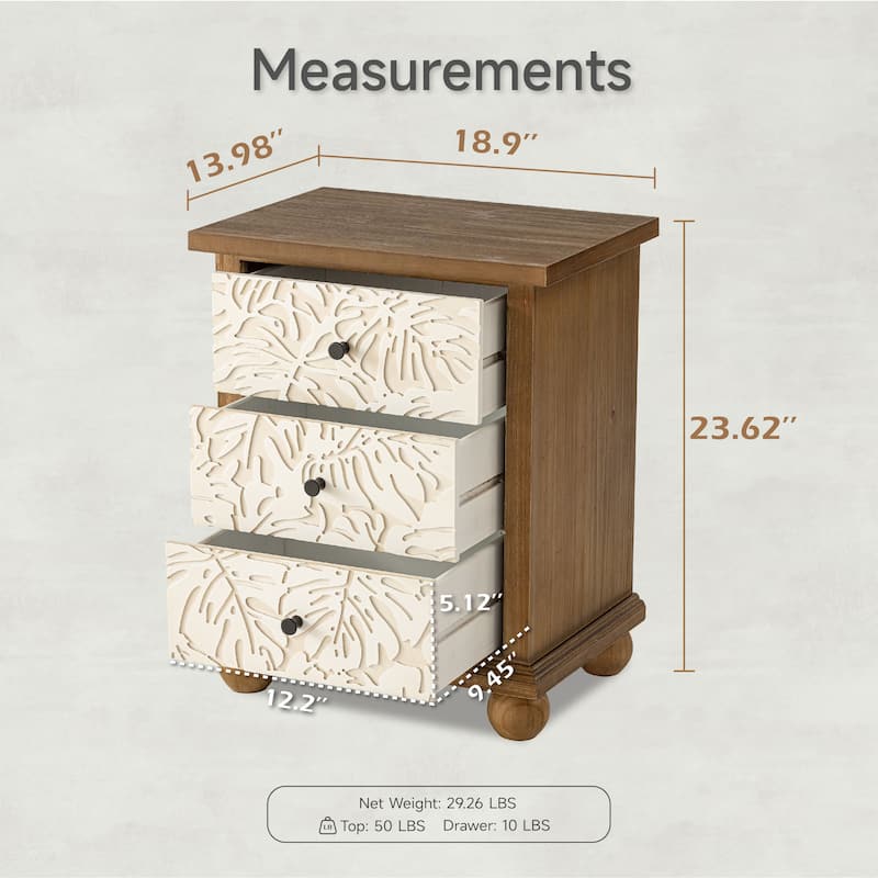 COZAYH Rustic Farmhouse 3-Drawer Nightstand with Leaves Pattern Carved, Vintage French Country Dresser Chest Accent Cabinet