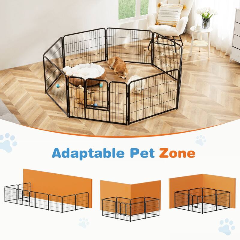 8 Panel Foldable Dog Playpen, Heavy Duty Double Door Pet Exercise Pen, Indoor Outdoor Puppy Fence with Anti-Slip Base