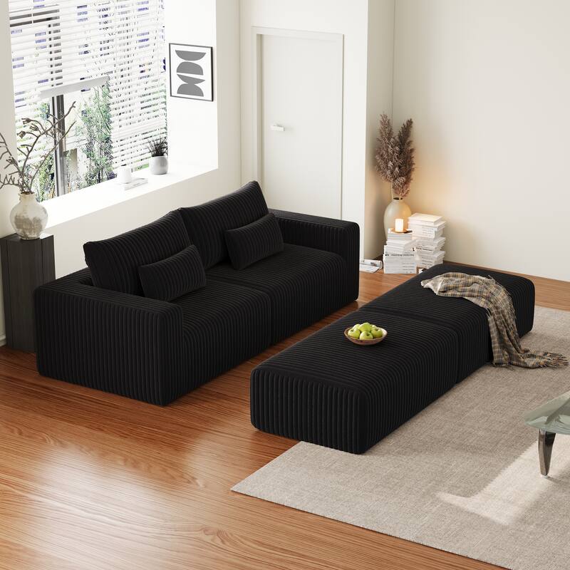 Oversized Sectional Lounge Chaise Plush Corduroy Loveseat with 2 Ottoman, Sleeper Sofa Chair Zen Chair Bed for Living Room